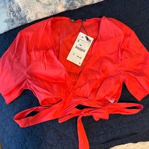 Zara Vibrant Orange Cropped Blouse with wrap around tie